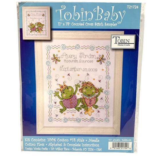 NOS Tobin Baby Froggie Fun 11" x 14" Cross Stitch Sampler Kit Unopened T21724 - Picture 1 of 6